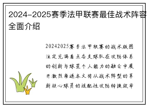 2024-2025赛季法甲联赛最佳战术阵容全面介绍